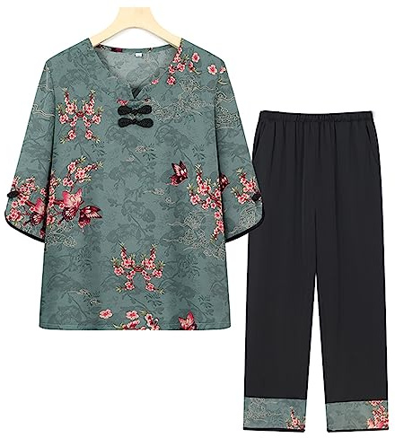 QPZK Frauen Tang Anzug Hanfu Seiden chinesische traditionelle Kleidung, ältere Blumendrucke Tai Chi Uniform für Frauen Kampfkunst Kung Fu Kleidung Kurzarm Mantel Tops green-5XL