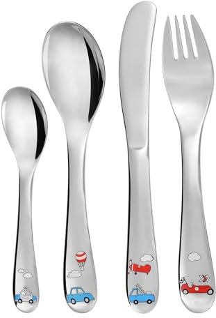 GRÄWE Cubertería infantil para coche, juego de cubiertos de acero inoxidable, tenedor infantil, cuchara infantil, cuchillo infantil, a partir de 3 años, paquete de regalo