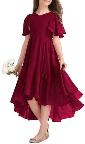 Haloumoning Vestido de verano para niña, cuello en V, con volantes, informal, vestido de una línea, vestido de fiesta alto, bajo, largo, elegante, largo