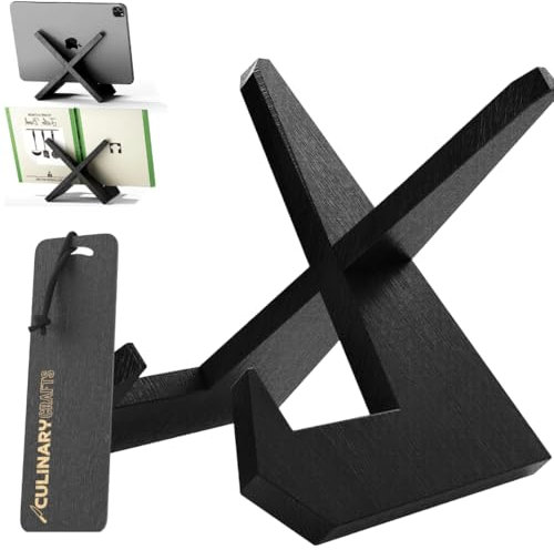 Black Recipe Book Stand for Cookbook with Bookmark, Wooden Kitchen iPad and Book Holder for Display Stand, Cook Book