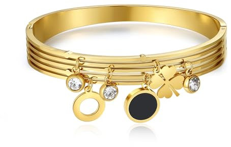 Joo&Rind Armreif Gold 18k Vergoldet Charm Armband Damen, Kleeblatt Armband mit Zirkonia Armbänder Damen Edelstahl Wickelarmband Damen, Geschenke für Frauen (Kleeblatt mit Zirkonia)
