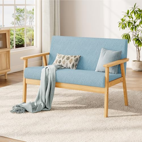 Dripex Sofá de 2 plazas, pequeño sofá con Marco de Madera, sofá de 2 plazas, Moderno y escandinavo, sofá Doble de Terciopelo de Peluche, para salón, Dormitorio, Oficina, 107 x 60 x 77 cm, Azul Claro
