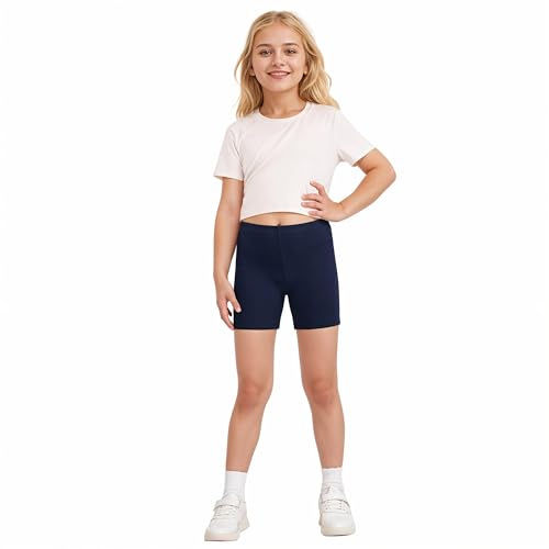 The Fancy Dress® Girls School Cycling Shorts - Kids Dance PE Shorts Legging Elastic Waist Uniform Running Gym Shorts for Children Age 7-8 Years, Navy