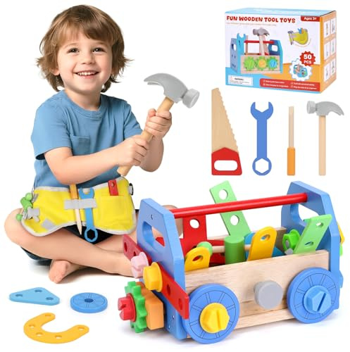 WIKITOT Kids Tool Set, 53Pcs Wooden Montessori Toys for 3+ Year Old Boys Gifts,Construction Toys Tool Box with Belt