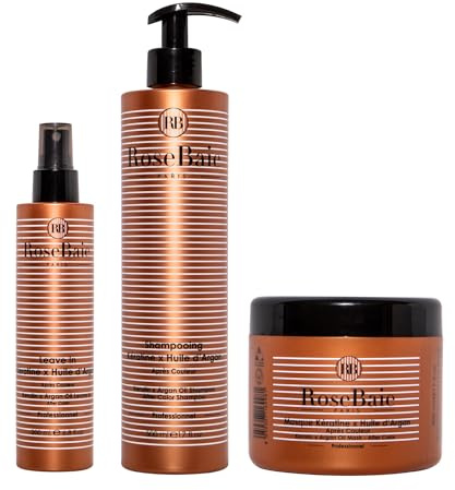 ROSEBAIE | Routine Argan et Kératine | Cheveux Colorés Méchés | Protège et Prolonge la Couleur | Douceur et Brillance | Antioxydant | Shampoing 500ml | Masque 500ml | Crème Leave-In Sans Rinçage 200ml