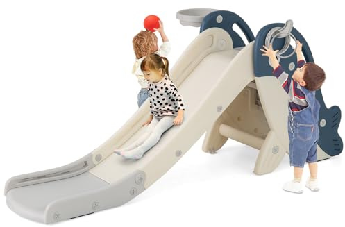 COSTWAY Kinder Rutsche, freistehendes Baby-Rutschespielset mit Basketballkorb, Ringwurf, Ball, Inflator & Ringen, Kinderrutsche Klappbar, Indoor & Outdoor Spielplatz für Kinder ab 3 Jahren