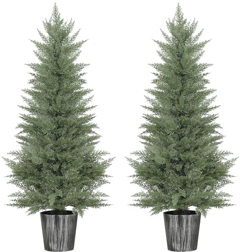 HOMCOM 135cm Artificial Cypress Trees Set of 2, UV Resistant Artificial Plants with Decorative Pot, Fake Plants for Indoor Outdoor Decor, Green