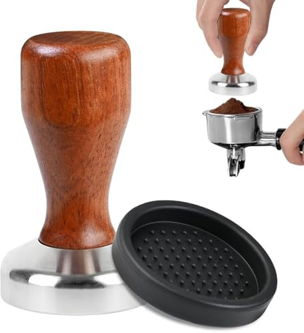 Prensador de café 51mm, Duradero Acero inoxidable 304 Café Tamper Con mango de madera y tapete de silicona para cafeteras expreso, cafeterías y amantes del café