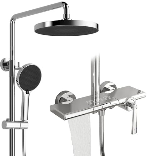 RONMX Duschset med vattenfallsblandare, RSS0700 modern duschpelare med pianotangenter, 10 tum/252 mm duschhuvud, bärbar 4 lägen med booster-dusch, 59A all-koppar, justerbar höjd