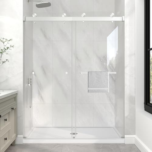 KPUY Frameless Shower Door, 55-60 W x 76 H Double Sliding Glass Shower Door, 1/4 (6mm) Thick Tempered Clear Glass with Explosion-Proof Film Nano Coating, Brushed Nickle