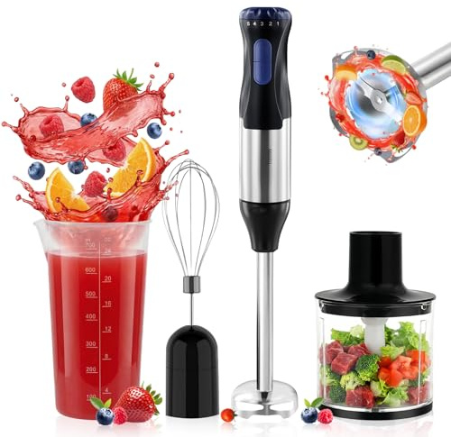 Focenat Frullatore a Immersione 4-in-1, 1000W Immersione Mixer in Acciaio Inox, 5 Velocità Regolabili, con Frusta, Tritatutto da 500 ml e Misurino da 700 ml per Frullati Zuppe Salse Alimenti Bambini