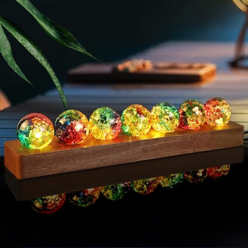 LOSCHEN 7 Bunte Crackle-Kugeln mit LED-Sapele-Holzsockel, dekorative Eiskrackle-Kugeln mit positiver Energie, Set mit natürlichen Heilkugeln für Zuhause, Yoga, Meditation und Geschenke