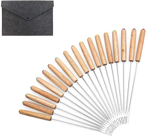 CUEMOON Set di 18 forchette da fonduta in acciaio inox, 24 cm, per fonduta, formaggio, cioccolato, fonduta con manico resistente al calore
