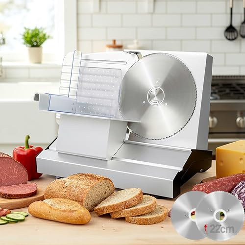 MoraRise Electric Meat Slicer Machine, 250W Professional Deli Food Slicer with 2 x 22cm Large Stainless Steel Blades, 0-20mm Adjustable Meat Cheese Bread Cutter for Large Joints & Charcuterie (Silver)