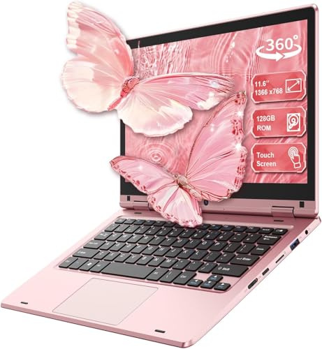 Ordenador portátil táctil plegable de 360°, portátil Celeron N4020, 6 GB RAM 128 GB SSD, WiFi (2,4 G/5G), Bluetooth, 1366 x 768 IPS, cámara web, PC portátil a medida para profesionales - Rosa