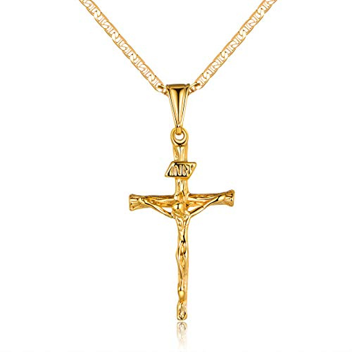 Barzel Cross Necklace for Women & Men 18K Gold Plated Flat Mariner/Marina 060 3MM Chain Necklace With Italian Cross Pendant (Gold Cross, 24)