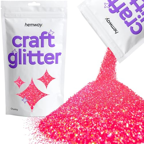 Hemway Craft Glitter Fluorescent UV Neon Pink 100g Chunky Glitter | for Crafts, Resin, Cosmetic, Nail, Face, Body, Festival, Tumblers, Art, Candle, Crafting