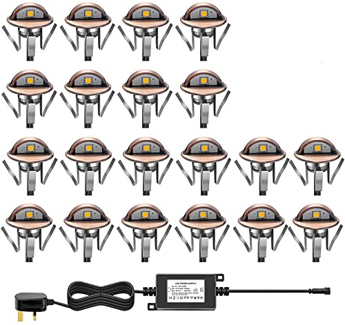 CHNXU LED Deck Step Lights Kit, 20 Pack IP65 Waterproof Landscape Lighting with Transformer, Recessed 12V Low Voltage Outdoor Decoration Wall Lamps for Stairs Patio Garden Yard (Warm White, Bronze)