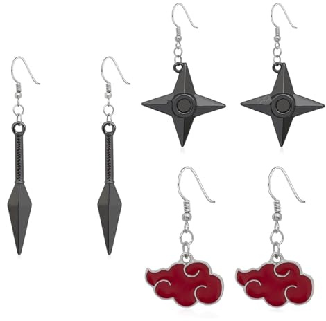 XHBTS Lot de 3 paires de boucles d'oreilles classiques, cloud rouge, boucles d'oreilles cosplay - Anime Drop - Accessoires de cosplay - Pour les amateurs d'anime, Métal