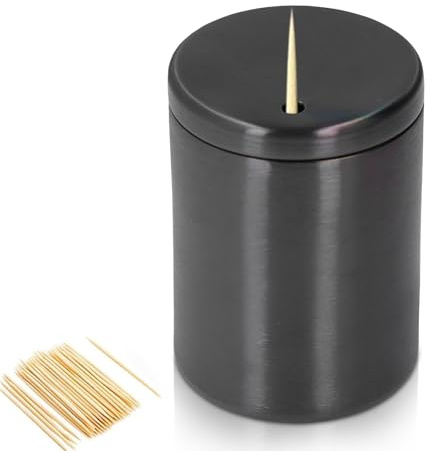 Cyrank Dispensador de palillos de dientes, soporte de palillos de dientes de acero inoxidable engrosamiento caja de palillos de dientes organizador de caja de almacenamiento(Negro)