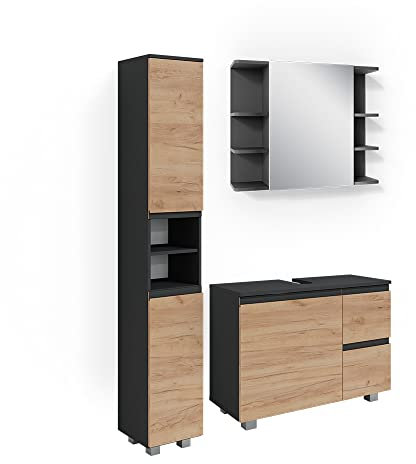 Vicco Badmöbel-Set J-Shape, Badezimmerschrank-Set, Anthrazit/Eiche, 3 Teile, mit Hochschrank