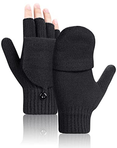 Kiiwah Fingerlose Handschuhe Convertible Warm Strick Halbfinger Handschuhe mit Flip Abdeckung Geeinget für Innen und Außen Damen Herren (Schwarz)