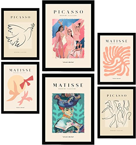 Nacnic Set med 6 Picasso och Matisse-affischer – Fauvism och surrealism – inomhusdesign och dekoration, storlekar A3 och A4, svarta ramar.