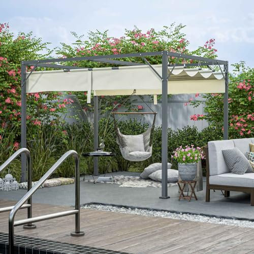 BIRCHTREE Steel Frame Pergola Gazebo 180g PE Polyester UV-Resistant Backyard Garden Sun Shade Roof Shelter Porch Awning Retractable Slide Canopy Outdoor Grape Trellis Patio 3X2M Beige