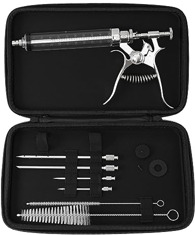 Azolize Meat Injector Gun Kit for Smoking & Grilling - BBQ Meat Turkey Injector with Case, Instruction Book - Professional Brisket Flavor Injector Syringe - Marinade Meat Injector