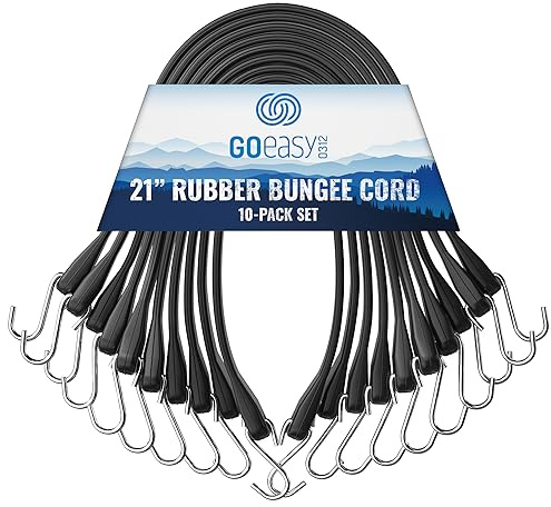 GOEASY0312 Rubber Bungee Cords with Hooks Heavy Duty 21 - for Outdoor Extreme Weather, Over 180 LBS Load & Max Stretch 1.8X, 100% EPDM Bungee Straps with S Hooks, 10 Pack for Cargo, Tarps, Trucks