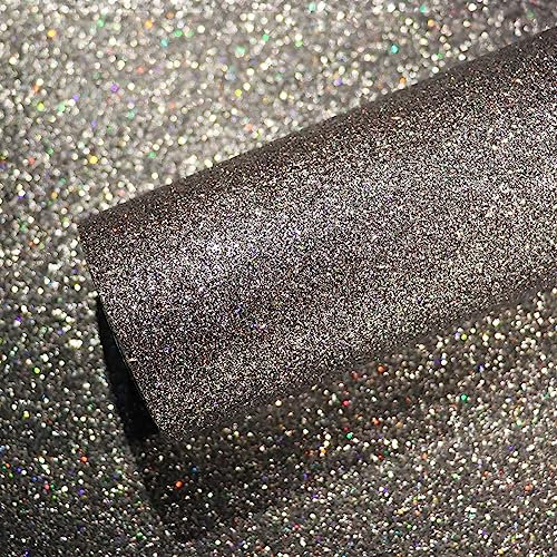 VEELIKE Silver Grey Glitter Wallpaper 40cm×900cm Sparkle Fabric Contact Paper for Furniture Vinyl Wrap for Kitchen Cupboards Vinyl Cabinet Cover Self Adhesive Thick Lining Paper for Walls Bedroom