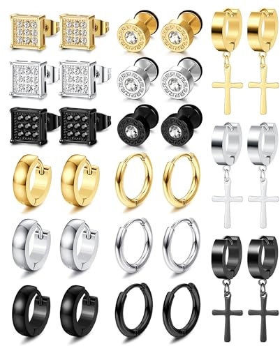 JeweBella Pendientes Hombre Acero Inoxidable con Cruz y Circonita - Negro, Oro y Plata para Hombres y Mujeres