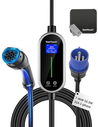 RamTouch Mobile Wallbox (7,4kW, Typ 2, CEE Stecker 32A, 10,5m), EV Ladegerät mit 8A bis 32A Einstellbarer und Geplanter Ladefunktion, Typ 2 Ladekabel CEE kompatibel mit Elektrofahrzeugen und Hybriden