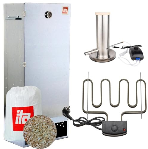 ITA Horno eléctrico para ahumar 7003 – Juego de ahumadores con calefacción, generador de humo, tamaño XL, con termómetro, acero aleado, calidad europea, directamente del fabricante, 111 cm con 4 pisos