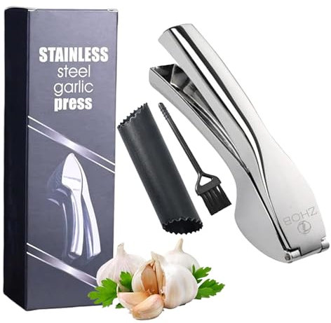 Ultra Premium Garlic Press - Effortless & Easy to Clean Garlic Crusher & Mincer Crush Garlic & Ginger Instantly (No Peeling Required) Precision Built for Life-Ultra-Strong Dishwasher Safe (Silver)