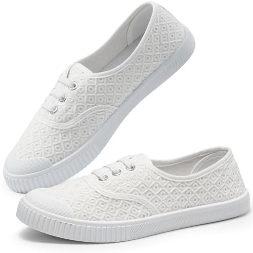 Harvest Land Womens Canvas Shoes Low Top Flat Gym Sports Pumps Trainers Lace Up Ladies Girls Fashion Pumps Flower White 6