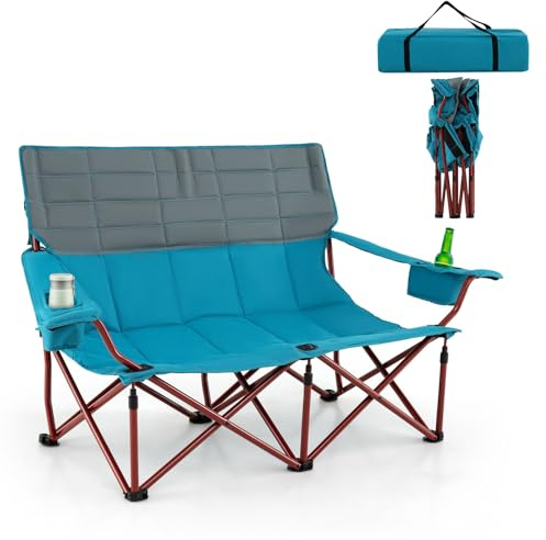 GIANTEX Chaise de camping pliable 3 places avec accoudoirs réglables, porte-gobelet et sac de transport, chaise de camping pour extérieur, jardin et balcon, charge maximale : 408 kg (bleu + gris, 2