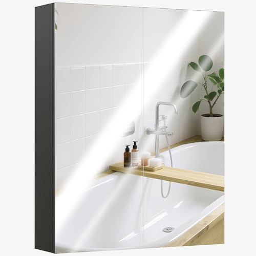 HOMCOM Armario de Pared de Baño Dos Puertas con Espejo y 2 Estantes Interiores, MDF Armario de Baño con Espejo y Cierre Suave, 60x15x75 cm, Negro