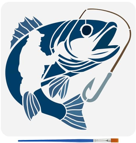 FINGERINSPIRE Fiskemönster stencil med 1 st plastborste 30 x 30 cm fiskemall fiskmönster ritning schablon mänskligt tema mall för målning på vägg trä möbler gör-det-själv heminredning