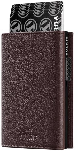 VULKIT Credit Card Holder RFID Blocking Pebble-Grain Geniune Leather Pop Up Card Wallet with Banknote Compartment, ID Window, Coin Pocket & Magnetic Closure