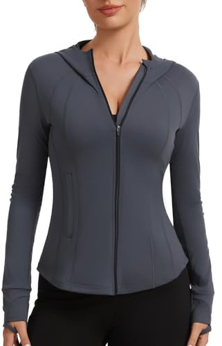 AMZSPORT Felpa Sportiva Donna con Zip Giacca Running con Cappuccio per Palestra Fitness Running, Grigio L