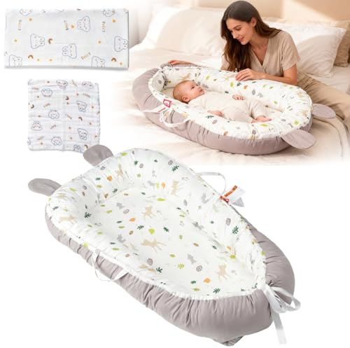 Verdego Nido per neonati, 95 x 50 x 15 cm, con maniglia, coperta e bavaglino, 100% cotone, design su entrambi i lati, rimovibile, motivo cervo