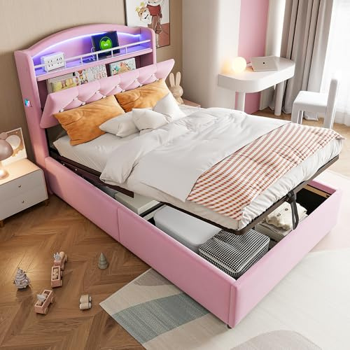 Ktipm Cama 90x200 cm Camas Infantiles con USB y Cabecero de Almacenamiento, Cama Tapizada Cama Individual con LED y Almacenaje Hidráulico, Camas Individuales Juveniles, Terciopelo, Sin Colchón, Rosa