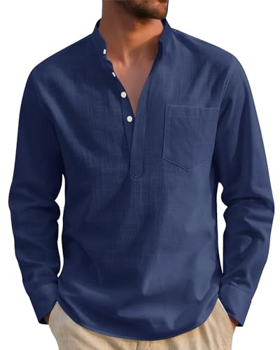 J.VER Linen Shirts Men Long Sleeve Regular Fit Casual Summer Beach Cotton Henley Shirt with Pocket