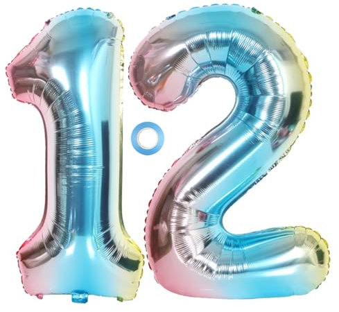 SNOWZAN XL Zahlen Ballon Nummer 12.Luftballon Regenbogen Mädchen Junge Luftballons Zahl 12.Geburtstag Deko Blau Rose Bunt Schillernde 12 Jahre FolienBallon 32 zoll Riesen Helium Happy Birthday Party