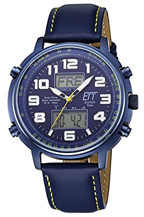 ETT Eco Tech Time Radio Solar World Time Men's Watch Chronograph with Leather Strap EGS-11450-32L, Strap.