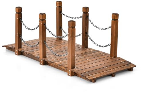 COSTWAY Ponte da Giardino in Legno, Ponte Decorativo con Finitura Tinta e Catena di Sicurezza, Ponte ad Arco in Legno per Giardino, Patio, Cortile e Fattoria, Carico 80 kg