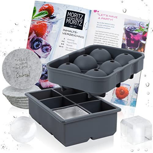Moritz & Moritz 2x Silikon Eiswürfelform Kugel und Würfel – Eiswürfelform Groß für 12 XXL Eiswürfel Rund und Eckig – Inkl. 6 Filz–Untersetzer & Rezeptheft – Eiskugel für Gin, Whisky und mehr