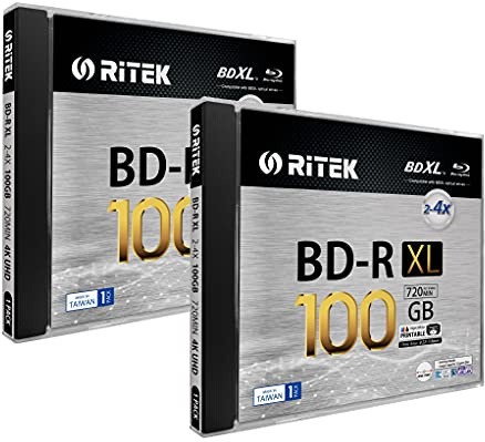 2 Pack Ritek BD-R XL BDXL 100GB Triple Layers 4X White Inkjet Hub Printable Blank Disc w/Standard Jewel Case BDR1004-RTKIWN1JC