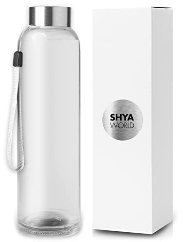 ShyaWorld Bottiglia di vetro per acqua con cordoncino 500 ml di finitura trasparente tappo di vite in acciaio inossidabile. scatole singole per bottiglia (1 unità, trasparente)